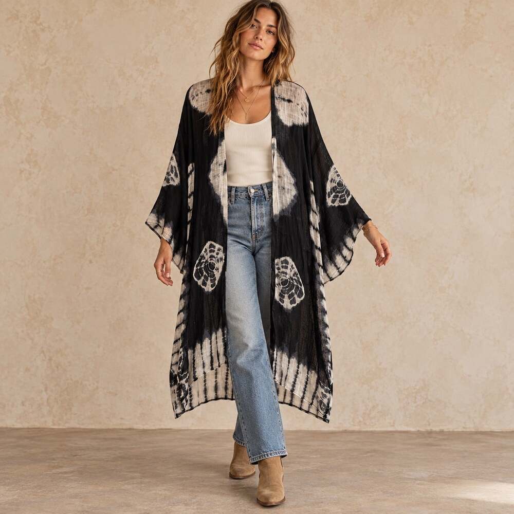 Woven Hearts Boho Witchy Whimsy Tie Dye Kimono Black White Flowy Medium